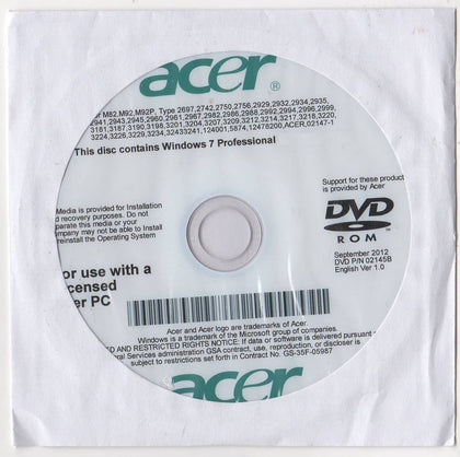 Microsoft Windows 7 Professional 32 Bit Acer Restore Disc