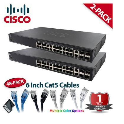 Two Cisco SG350X-24MP Layer 3 Managed Gigabit Switches with 48 x Blue Cat5 Cables
