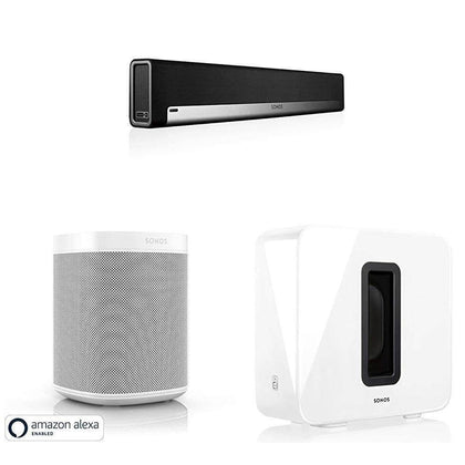 5.1 Surround Sound: Sonos One – Voice Controlled Smart Speaker with Amazon Alexa Built In (White), PLAYBAR TV Soundbar and Wireless Subwoofer (White)