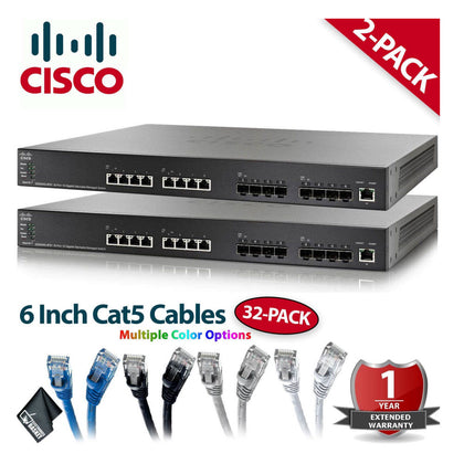 Two Cisco SG500XG-8F8T-K9-NA 16-Port Gigabit PoE Switches with 32 x Blue Cat5 Cables