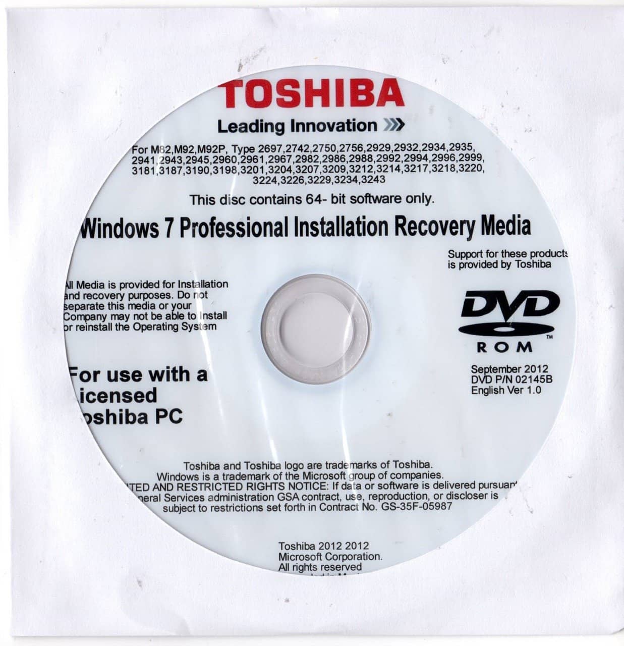 Microsoft Windows 7 Professional 64 Bit Toshiba Restore Disc